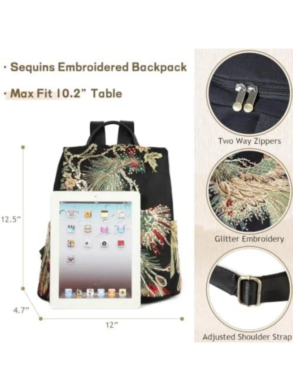 Glitter Embroidery Women's Backpack Purse | Fashion Canvas Anti-Theft Rucksack